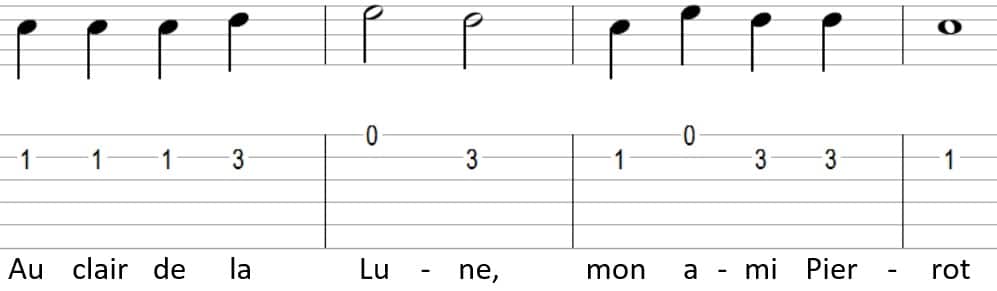 Au clair de la lune partition et tablature guitare - partie 1