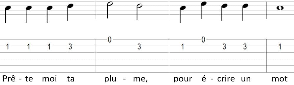 Au clair de la lune partition et tablature guitare - partie 2