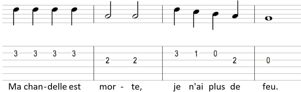 Au clair de la lune partition et tablature guitare - partie 3